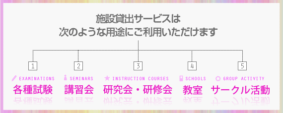各種試験・講習会・研究会・研修会・教室・サークル活動などにご利用いただけます